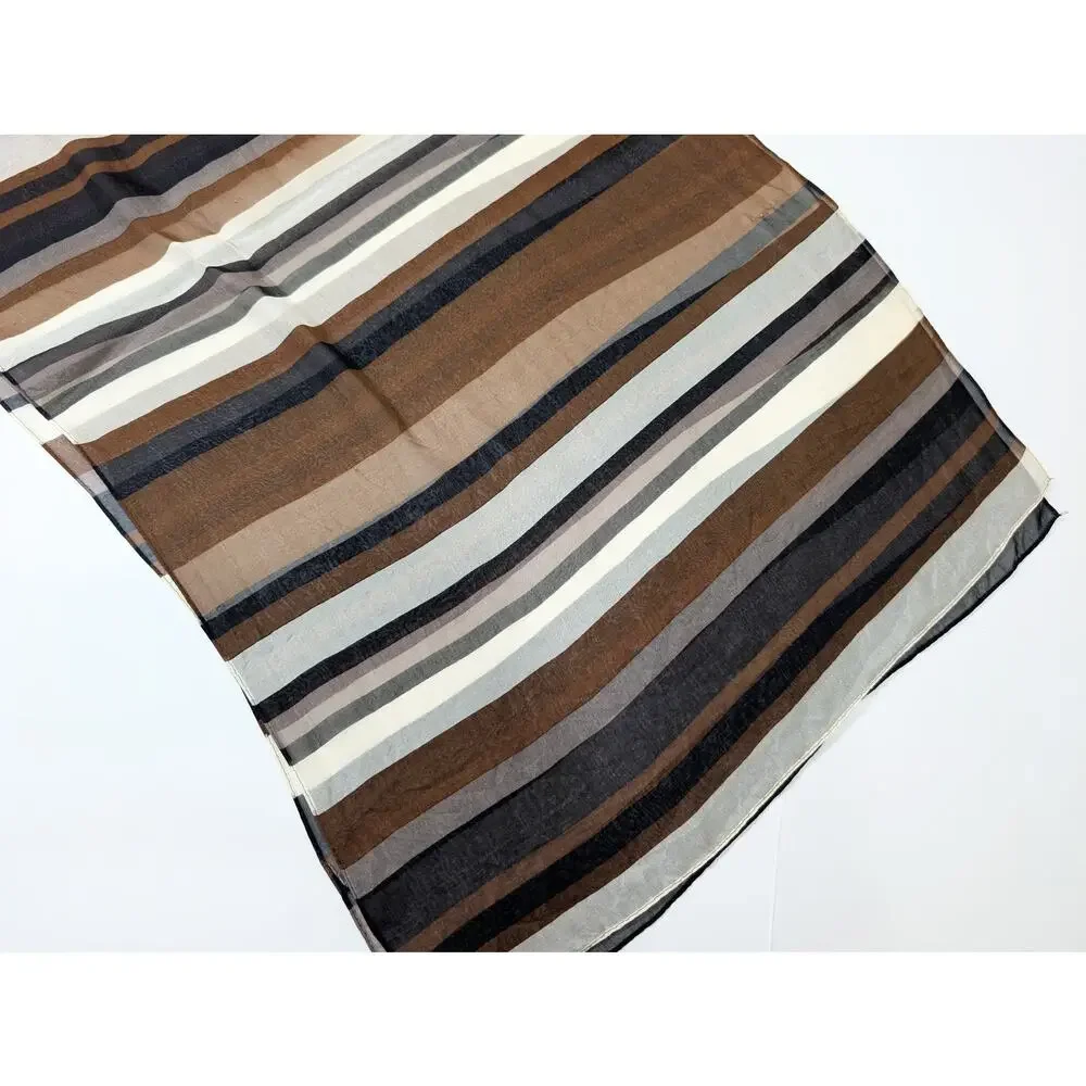Vintage Scarf Silk Black Brown Cream Stripe Sheer Rectangular